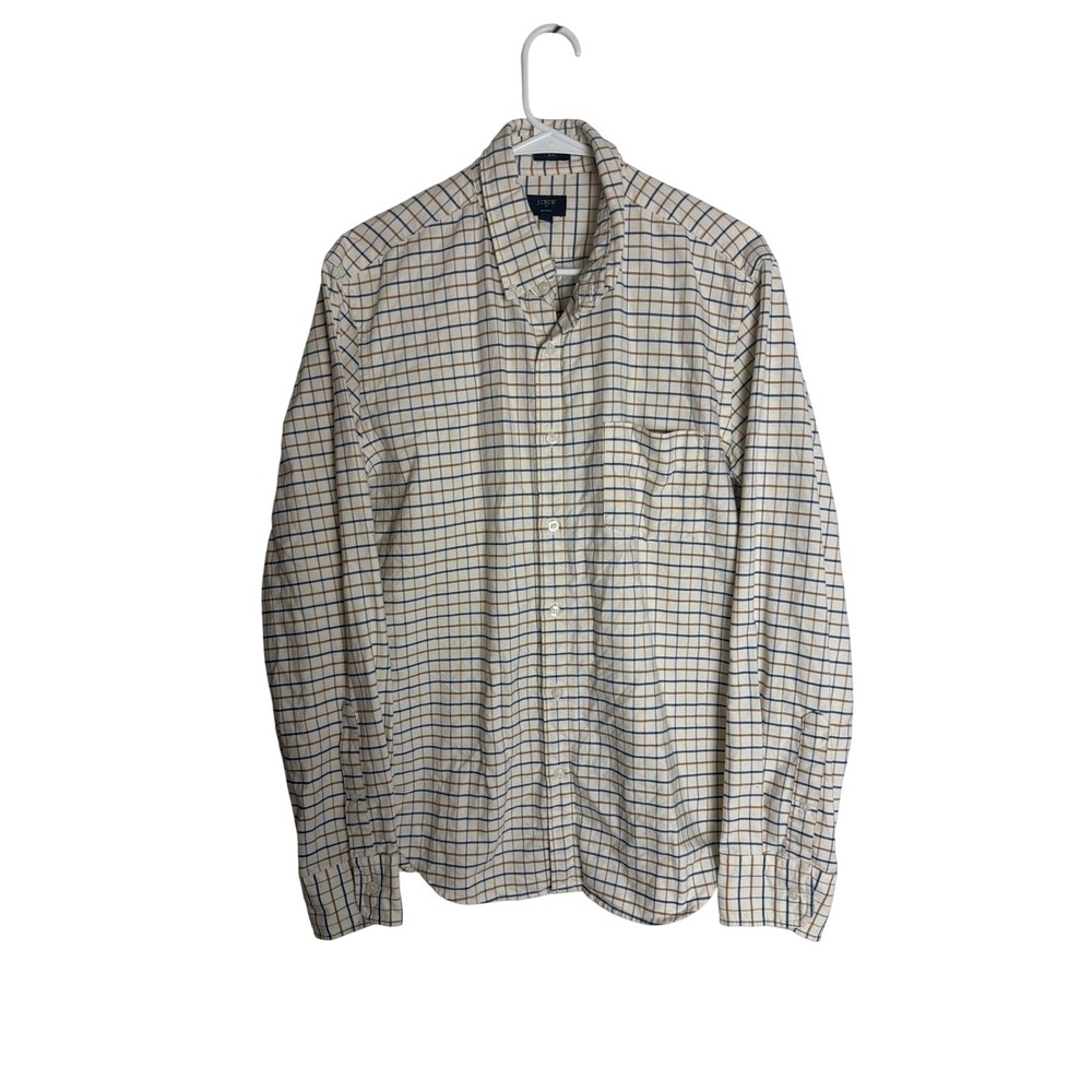 J.Crew Slim Oxford Shirt Mens Large Blue Tan Tattersall Check Cotton Button Down
